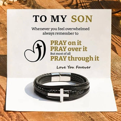 To My Son Pray Through It Leather Cross Bracelet