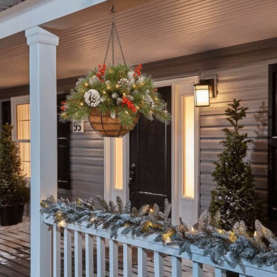 🎄Pre-lit Artificial Christmas Hanging Basket - Flocked with Mixed Decorations and White LED Lights - Frosted Berry