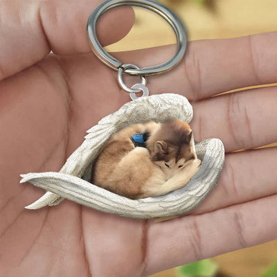 Sleeping Angel Acrylic Keychain Tan and White Husky